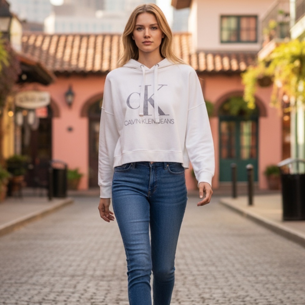 Calvin Klein Jeans silver logo cropped hoodie l